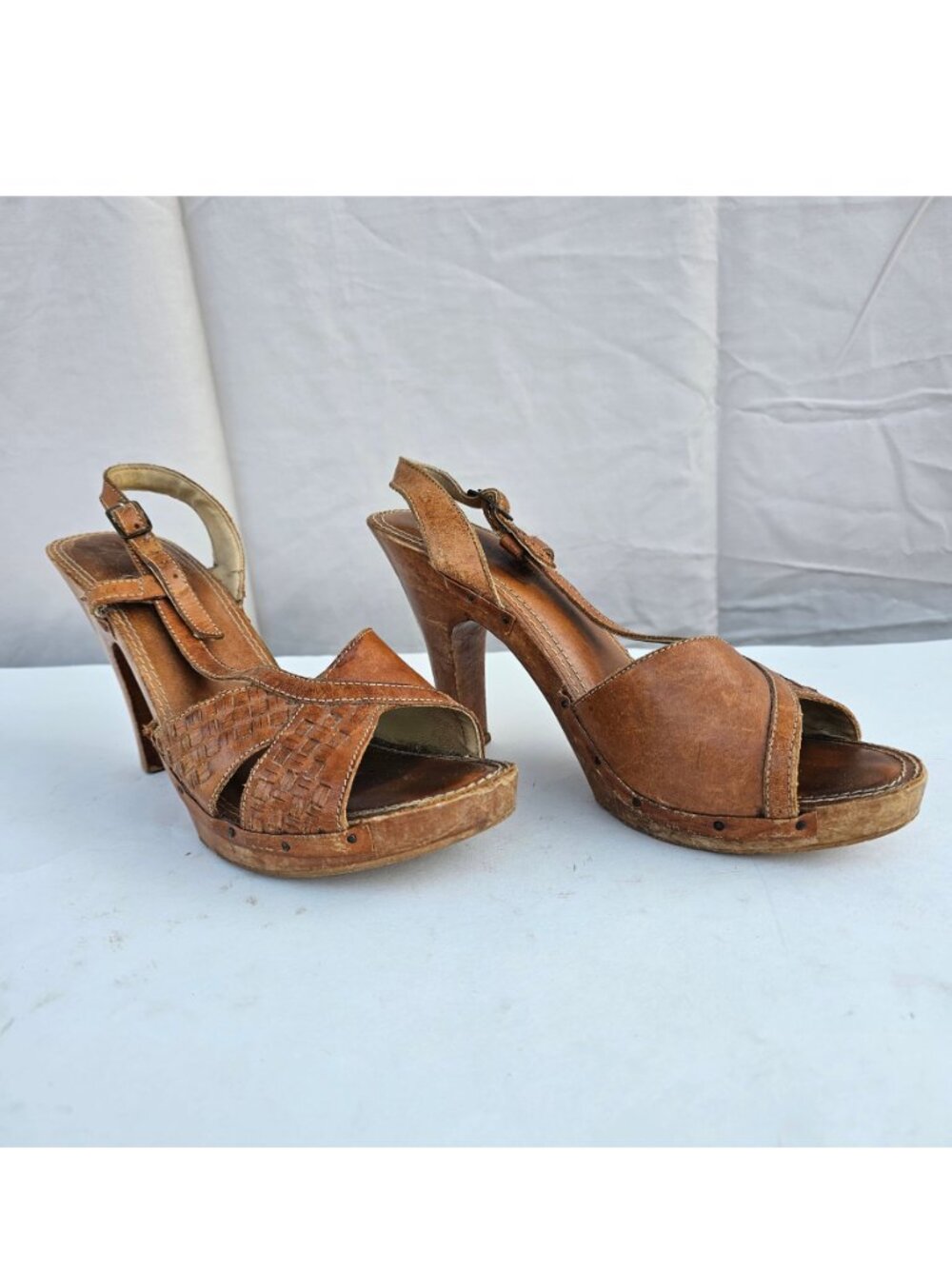Vintage Woven Leather Platform Sandals - Women's Size 8.5